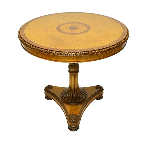 A Regency style parquetry inlaid circular rosewood banded birds eye maple centre table, on flared reeded column and quatrefoil platform, 80cm wide.  I
