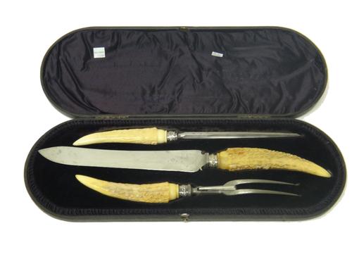 Victorian and later plated and metal wares, comprising; a three piece carving set, having antler handles, cased and plated wares, comprising; a pair o
