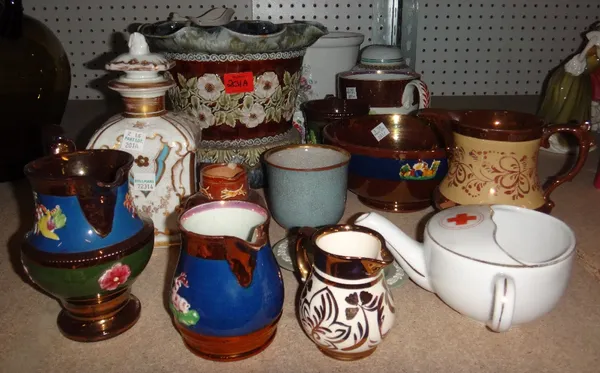 A quantity of ceramics, including a Royal Doulton jardiniere, a 19th century lustre tankard, copper lustre wares, a Copenhagen dish, a ginger jar and