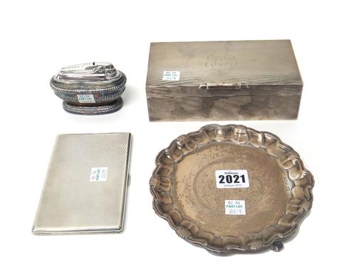 Silver and silver mounted wares, comprising; a Victorian shaped circular waiter, with a Chippendale style rim, raised on three scrolling feet, diamete