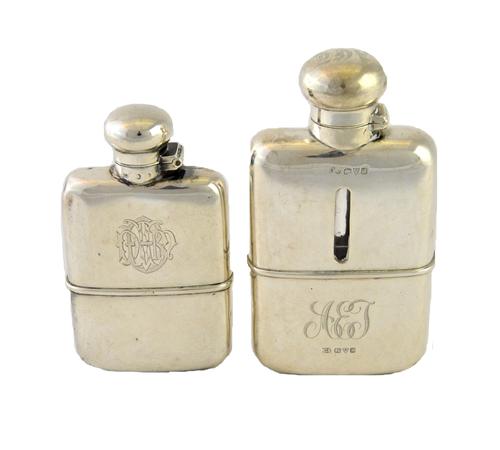 A silver mounted, curved rectangular glass spirit flask, with a pull-off beaker base, initial engraved Chester 1917 and 1918 and a smaller Victorian s