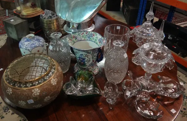 A quantity of decorative ceramics and glass, to include a pair of cut glass sweetmeat dishes and a Doulton globular vase (qty).