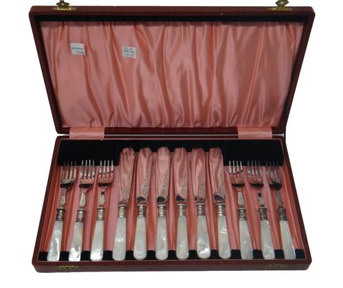 Victorian and later plated wares, comprising; a set of six pairs of fish knives and forks, having mother of pearl handles, a pickle fork, a butter kni
