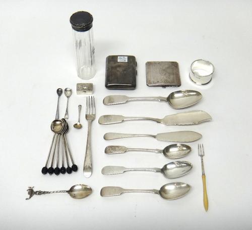 Silver, comprising; two butter knives, three fiddle pattern teaspoons, a dessert spoon, a set of six coffee spoons, with coffee bean shaped finials to