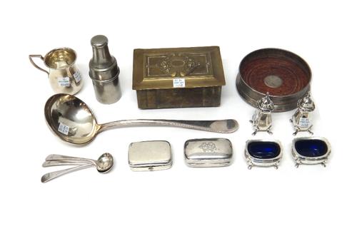 Silver and silver mounted wares, comprising; a circular bottle coaster, having a turned wooden base, a christening mug, two boxes, two salts with blue