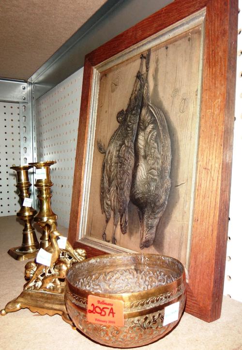 A group of metalware collectables and two relief moulded panels of game birds.