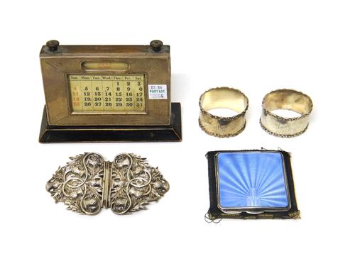 Silver and silver mounted wares, comprising; a Scottish two piece waist belt buckle, cast and pierced with thistles, Glasgow possibly 1899, a lady's p