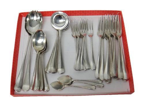 A silver rat tail pattern part table service, comprising; ten table forks, five soup spoons, seven dessert forks, seven dessert spoons and three ice c