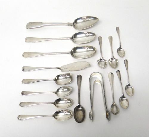 Silver table flatware, comprising; a pair of rat tail pattern tablespoons, London 1912, a fiddle pattern tablespoon, two pairs of sugar tongs, a large
