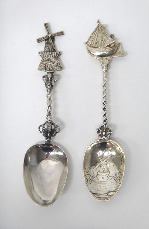 A Dutch silver decorative spoon, the bowl of the spoon with a windmill in a landscape scene, the finial formed as a ship, import mark Chester 1909 and