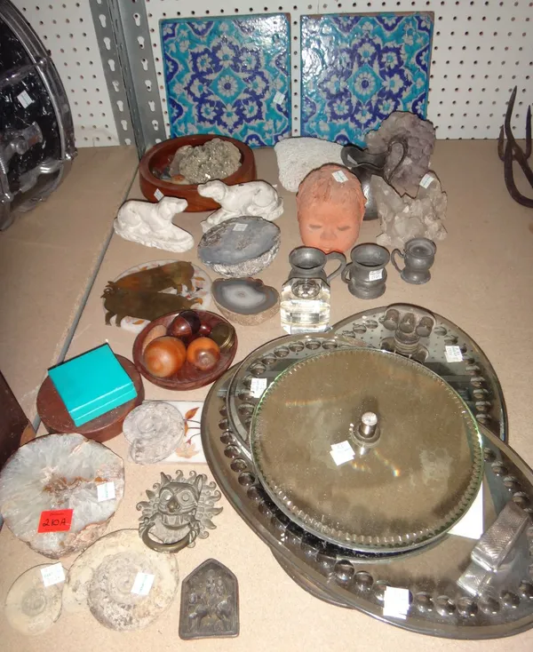 A quantity of collectables, including geological samples, tiles, metalware and sundry, together with four mirrors.