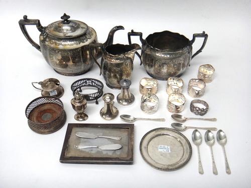 Silver and silver mounted wares, comprising;  a rectangular photograph frame, Birmingham 1934, a set of six napkin rings, having pierced decoration, B