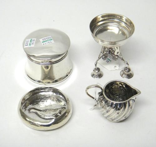 A silver circular dish, decorated with a bird, London 1913, a silver lidded glass circular box and cover and foreign wares, comprising; a small cream