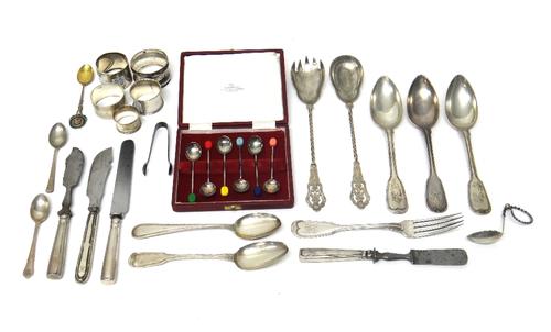 Silver, foreign and plated wares, comprising; a set of six silver coffee spoons, the handles with differing coloured coffee bean shaped finials, Sheff