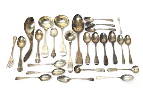 Silver table flatware, comprising; a pair of Victorian fiddle pattern sauce ladles, London 1891, another fiddle pattern sauce ladle, a fiddle pattern