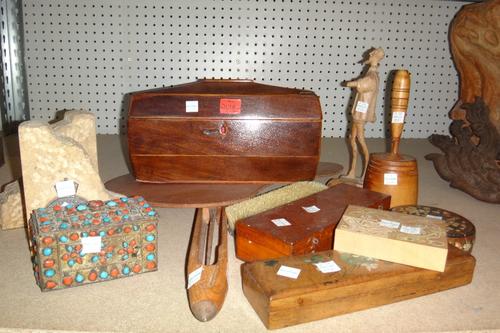 A 19th century mahogany tea caddy, together with assorted wooden collectables, including a carved figure, boxes and sundry.