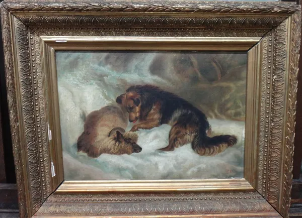 E..N.. (circa 1900) A dog and a sheep in the snow, oil on canvas, signed with initials.