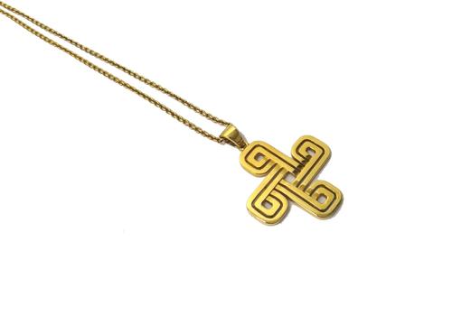A Garrard 18ct yellow gold 'Greek Key' design pendant cross, on a Garrard 18ct gold oval link neckchain, combined weight 15 gms, with a case.