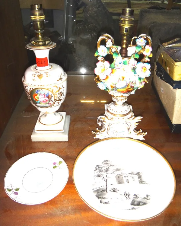 A floral encrusted ceramic lamp base, a vase converted to a lamp, a 19th century Spode plate (a.f), and a saucer.