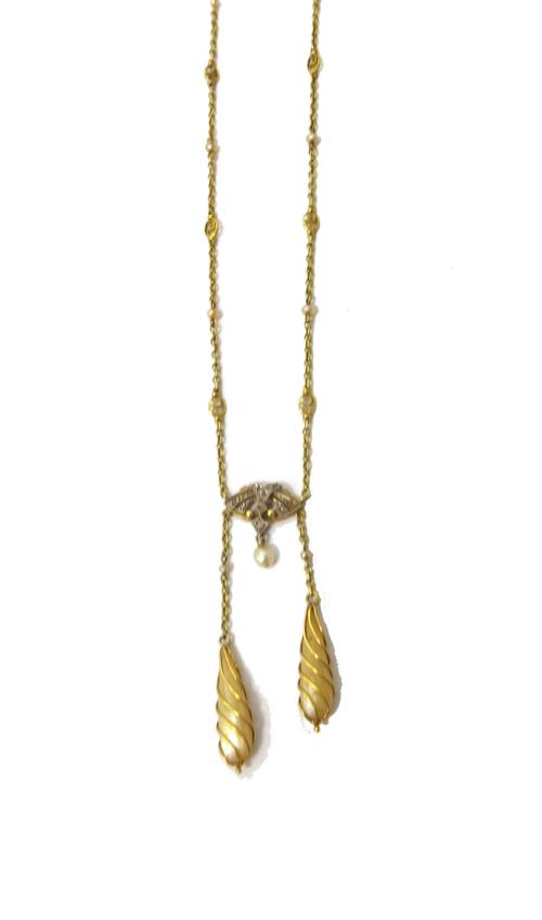 A French gold, seed pearl and diamond set pendant necklace circa 1920, the front with a rose diamond set fan shaped motif and with two graduated fresh