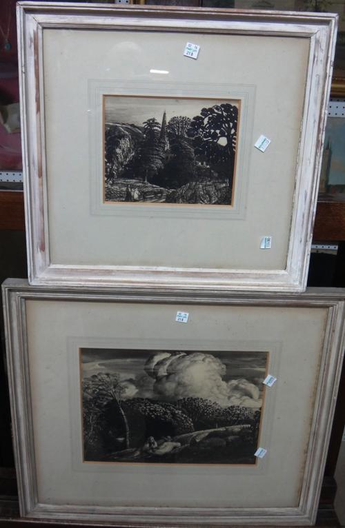 A group of five, including facsimile prints after Rodin and Samuel Palmer, a chalk study of a nude, and a gouache 'Orchard Forms' by Elizabeth Collins