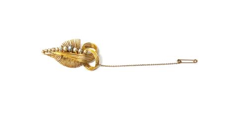 A gold and cultured pearl set brooch, designed as a wirework spray, mounted with a row of graduated cultured pearls, fitted with a safety chain, gross