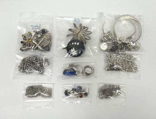 Mostly silver jewellery, comprising; six rings, four brooches, fourteen pendants and charms, four bracelets, two bangles, two curb link watch Albert c