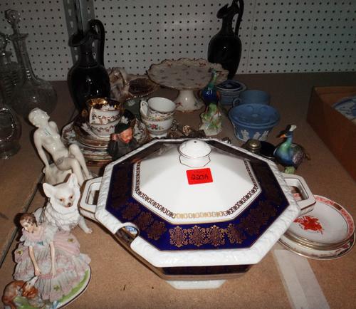 A quantity of ceramics, including Wedgwood Jasperware, a pair of black ceramic ewers, models of peacocks, assorted tea wares and sundry. (qty)