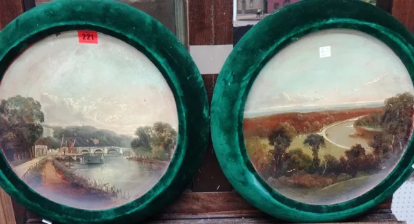 Attributed to R. Allan, Richmond Bridge; The Thames from the Star and Garter Home, Richmond, a pair, oil on convex terracotta plates.(2)