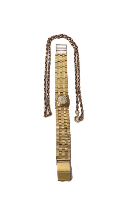 A lady's 9ct gold square cased Audax bracelet wristwatch, the signed circular dial, with baton shaped numerals, on a decorated brick link bracelet, ha