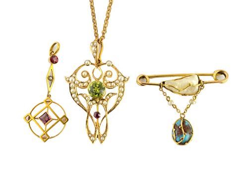 A gold, peridot, ruby and seed pearl set pendant, pierced in a scrolling design, with a neckchain, a gold, seed pearl and red gem set pendant and a go