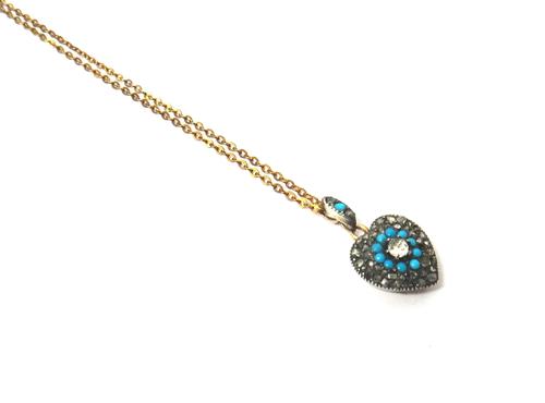 A rose diamond, rose cut colourless paste and turquoise set heart shaped pendant locket, mounted with the principal rose cut colourless paste to the c