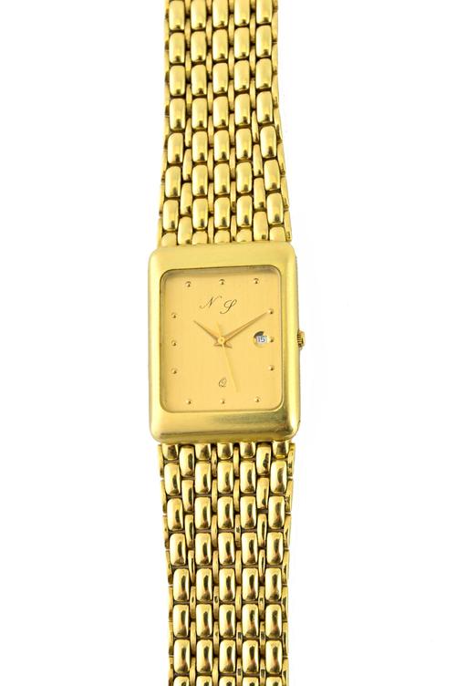 A gentleman's gold rectangular cased bracelet wristwatch, the brushed gilt rectangular dial, having gilt dot numerals, date of the month aperture and