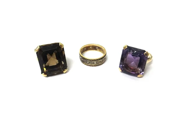 A gold ring, claw set with a large cut cornered rectangular cut amethyst, a gold ring, claw set with a large cut cornered rectangular cut smoky quartz