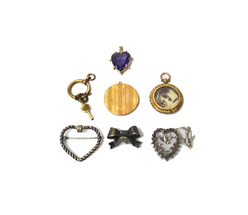 A gold and amethyst set single stone pendant, mounted with a heart shaped amethyst, within a beaded surround, detailed 9 C, a 9ct gold circular pendan