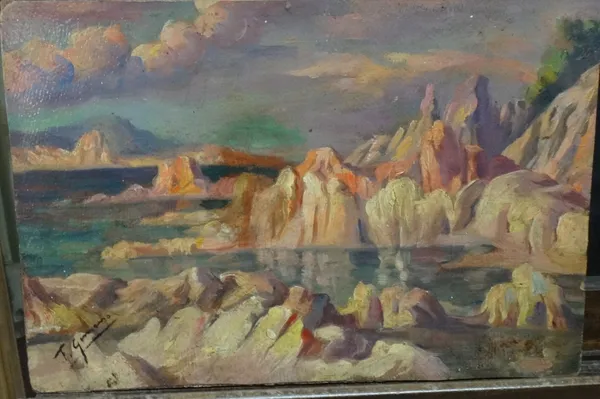 F** Gimeno (20th century), A  rocky coastal scene, oil on board, indistinctly signed, unframed, 25cm x 37cm.