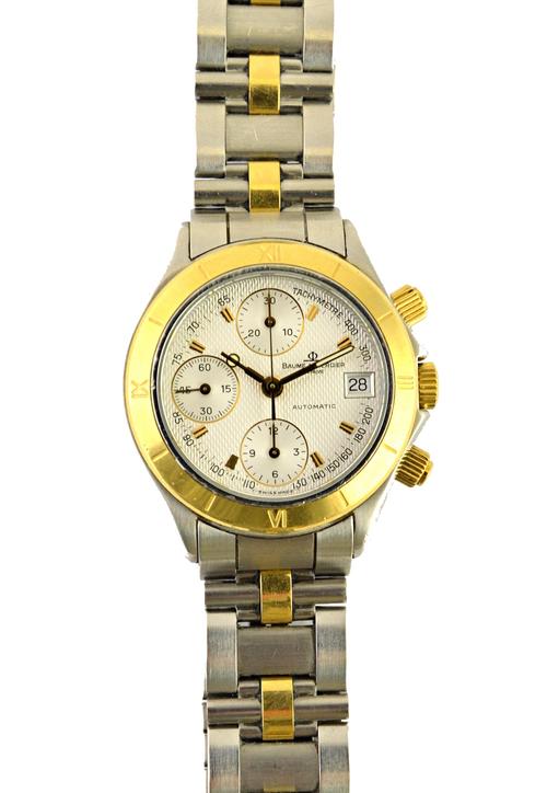 A gentleman's steel and gilt Baume & Mercier Automatic bracelet wristwatch, the signed engine turned silvered dial with gilt baton shaped numerals, th