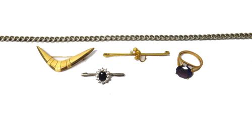 A gold bar brooch, modelled as a monkey with a cultured pearl, a gold brooch, designed as a boomerang, detailed 9, a silver and gem set cluster bar br