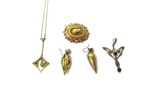 A gold, opal and seed pearl set pendant necklace, detailed 9 CT, a gold, amethyst and seed pearl set pendant, detailed 9 CT, a shaped oval brooch, gla