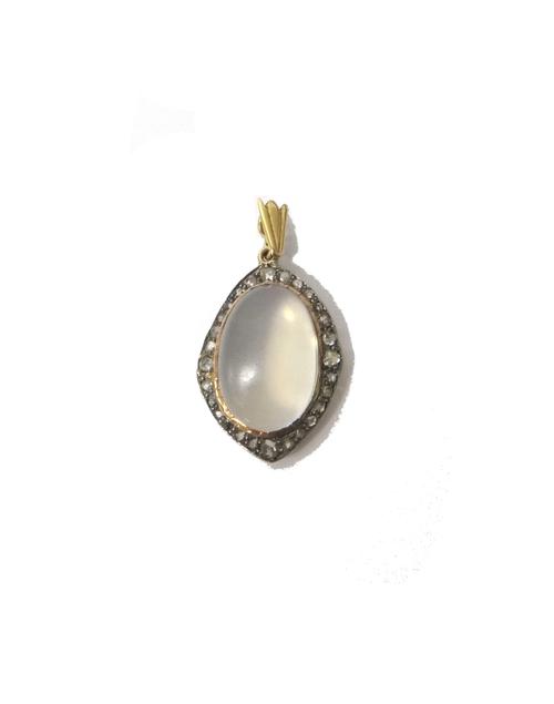 A gold, moonstone and rose diamond set shaped oval pendant, mounted with the oval moonstone at the centre, within a surround of rose cut diamonds