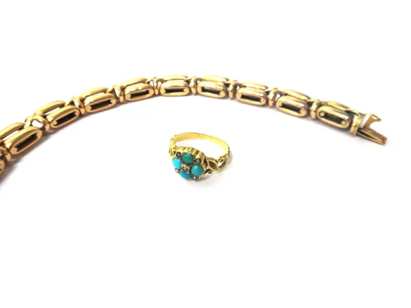 A gold bracelet, in a twin oval and entwined design, on a snap clasp, weight 27,5 gms and a Victorian gold, turquoise and seed pearl set cluster ring,