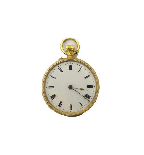 A lady's 18ct gold cased, keyless wind, openfaced fob watch, with a gilt jewelled lever movement, detailed Swiss Made, 18ct gold inner case, the ename