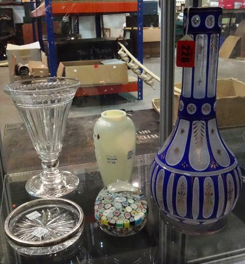 A group of glass, late 19th and 20th century, comprising; a Bohemian blue overlay glass hookah base for the Ottoman market, gilt with foliate panels,