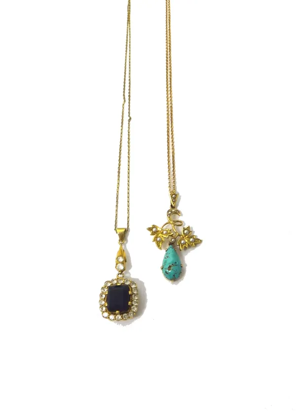 A gold, turquoise and seed pearl set pendant, with a pear shaped turquoise drop, otherwise having foliate decoration, with a neckchain and an amethyst