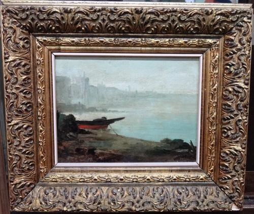 Continental School (early 20th century), River bank, oil on canvas laid on board.