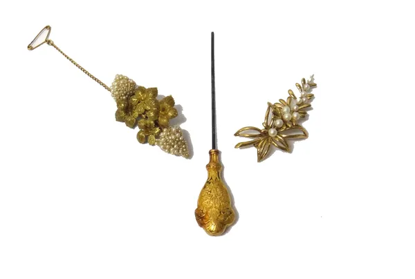 A 9ct gold and cultured pearl brooch, designed as a foliate spray, a seed pearl set brooch, formed as two bunches of grapes (probably converted from a