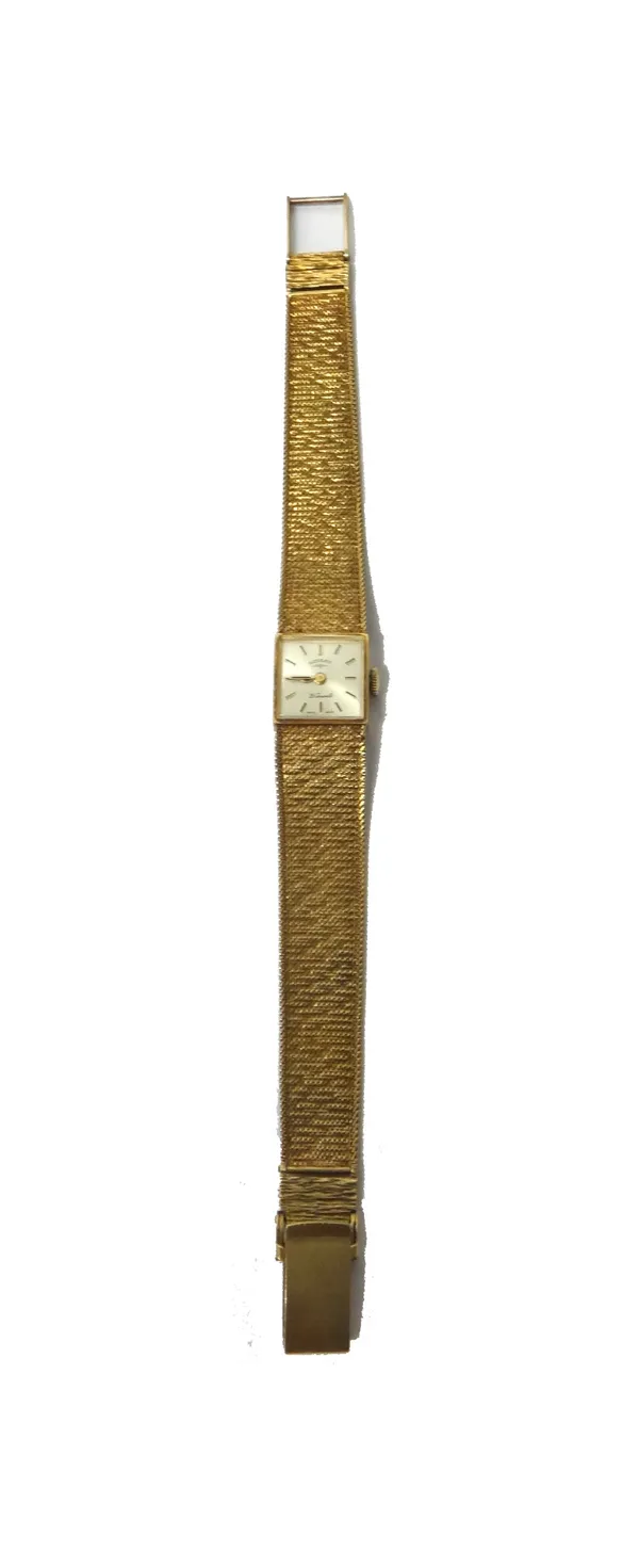 A lady's 9ct gold Rotary bracelet wristwatch, the signed square silvered dial with baton shaped numerals, on a tapering woven mesh link bracelet, with