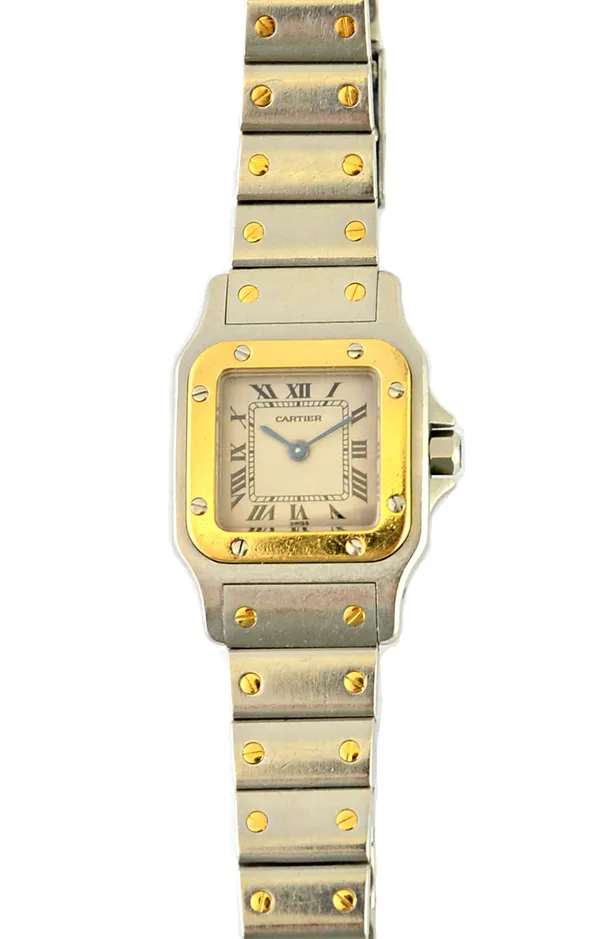 A lady's steel and gilt Cartier bracelet wristwatch, the signed square silvered dial, with black Roman numerals and with blued steel hands, the bracel