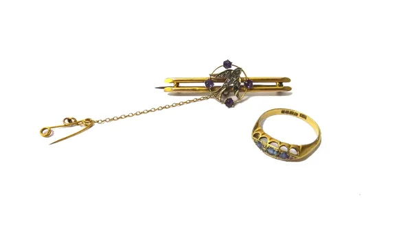 An 18ct gold, sapphire and rose diamond set ring, in a boat shaped setting, ring size N and a half and a gold, amethyst and colourless paste set bar b