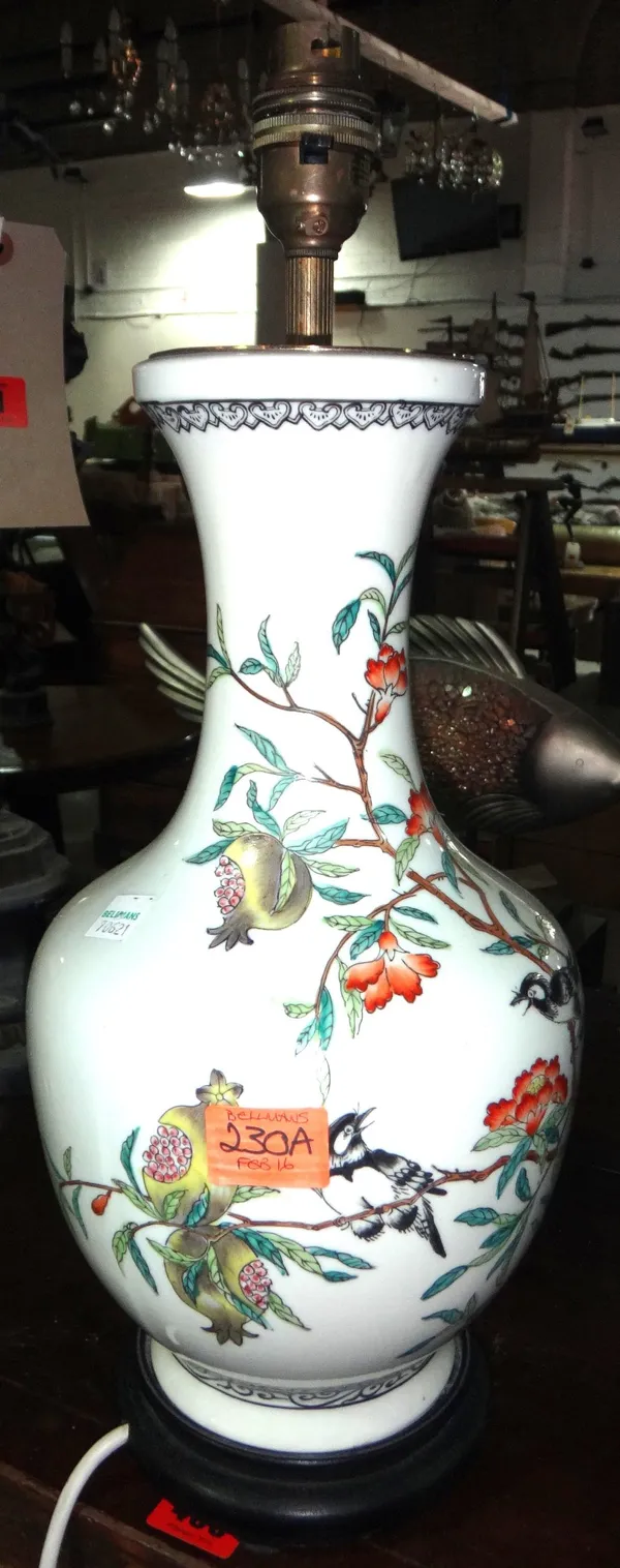 A 20th century Oriental baluster vase, converted to a lamp.